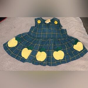 Vintage Green Plaid Baby Dress with Yellow Apple Appliqués